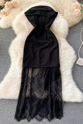 Elegant Sleeveless Ruffles Lace Patchwork Split Long Dress Party Dress